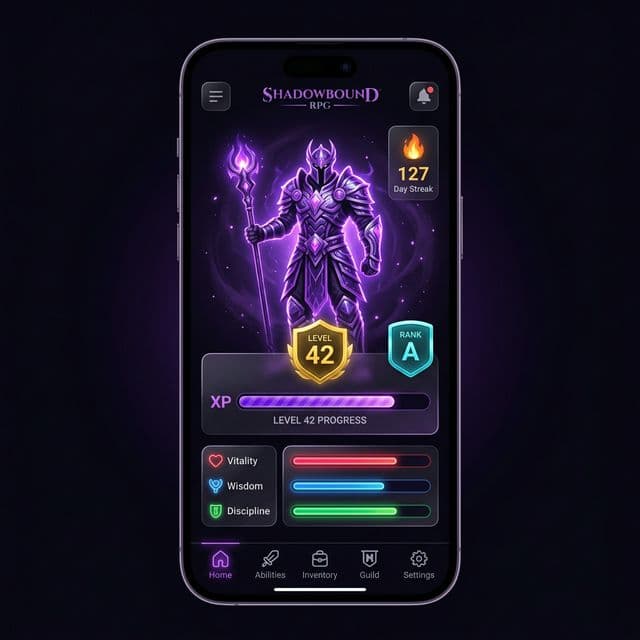 Levelium progress dashboard with level, rank, and attributes