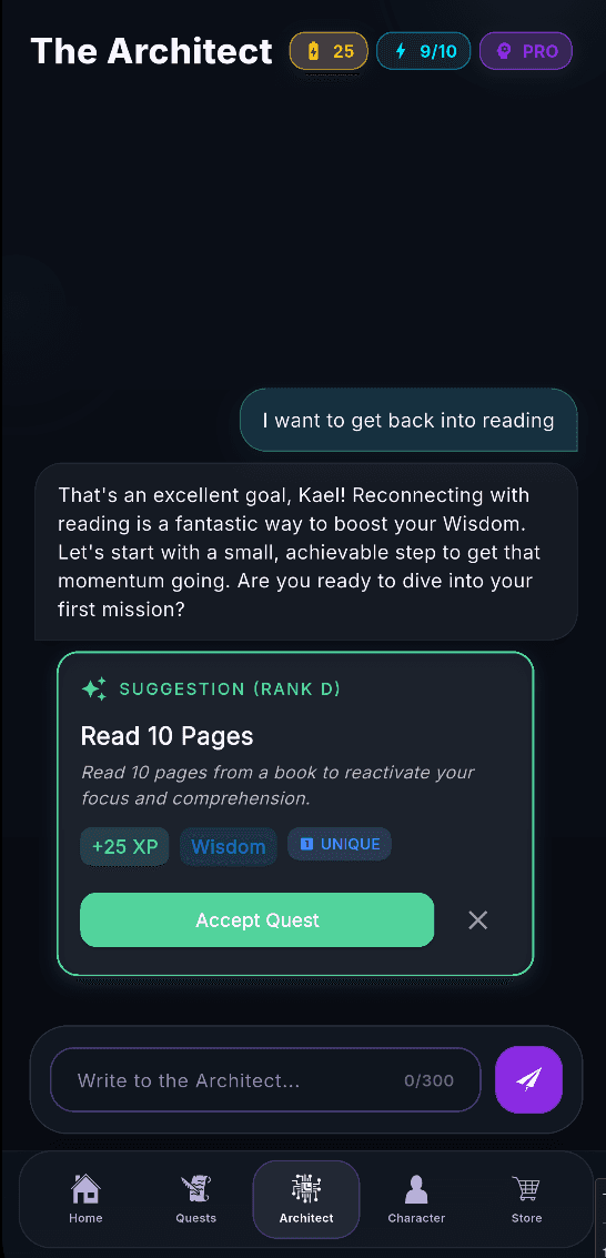 Architect screenshot: a goal to get back into reading becomes a Read 10 Pages suggestion with 25 XP, Wisdom, and an Accept Quest button